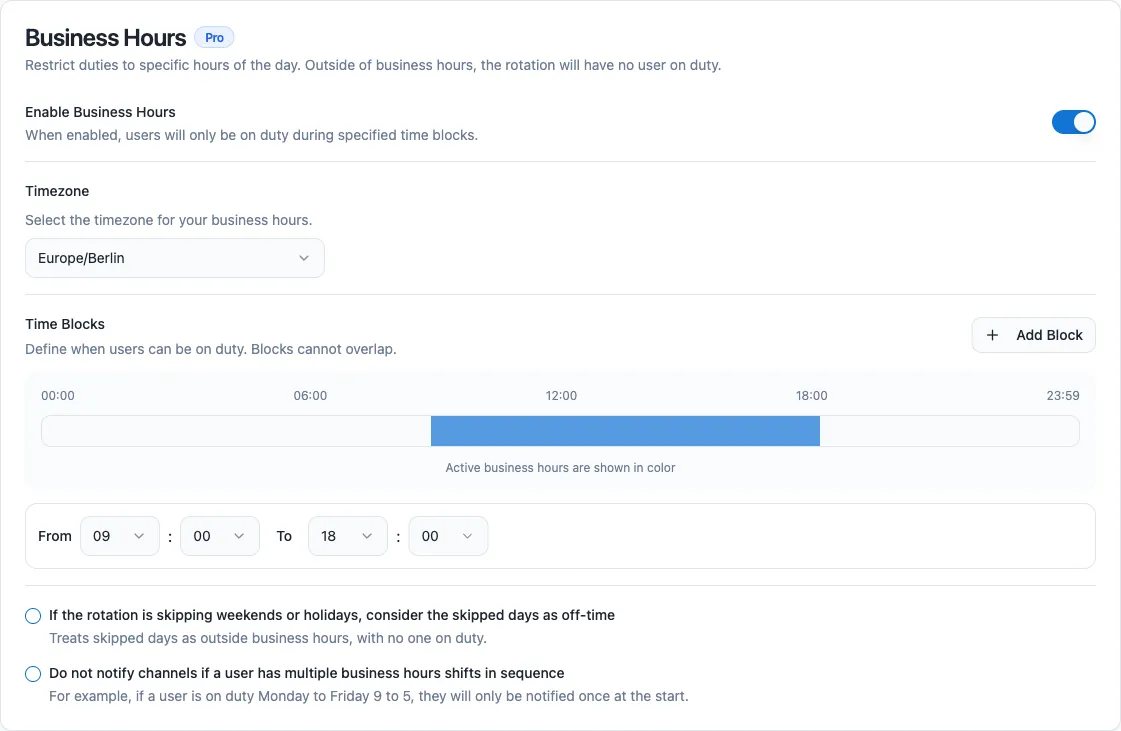 The Business Hours card expanded, showing the enable toggle, a timezone selector, and a time-block timeline visualization