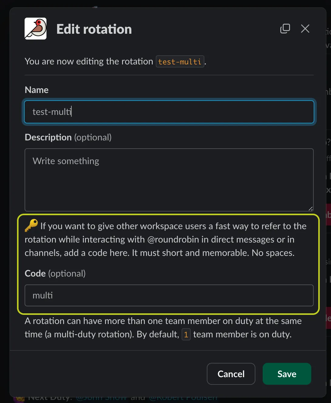 The Code field in the rotation edit modal in Slack