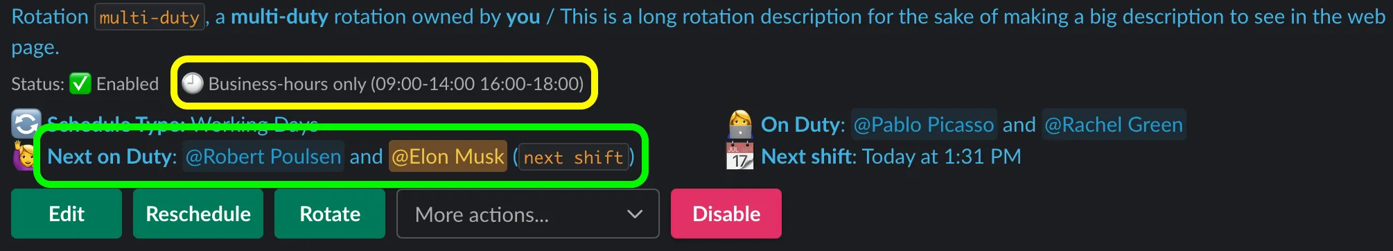 A rotation in Slack showing the business-hours badge and Next on Duty marked with a next shift label