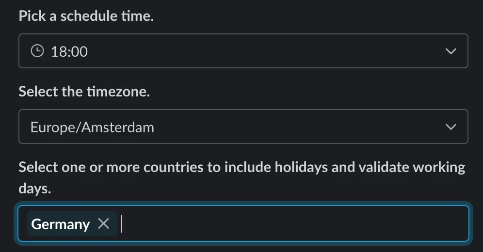 The country selector in the Slack schedule modal