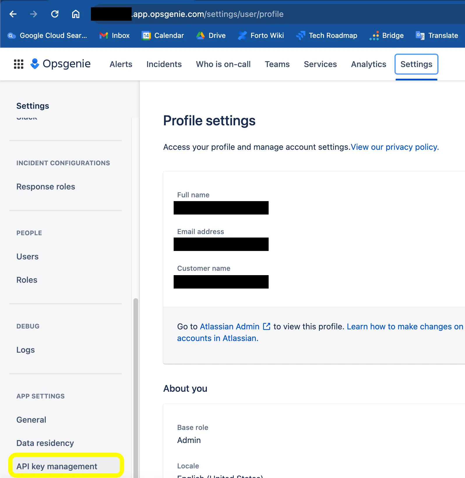 OpsGenie settings menu with API key management highlighted
