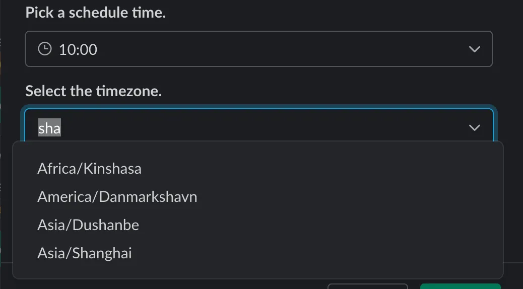The time zone picker in the Slack schedule modal