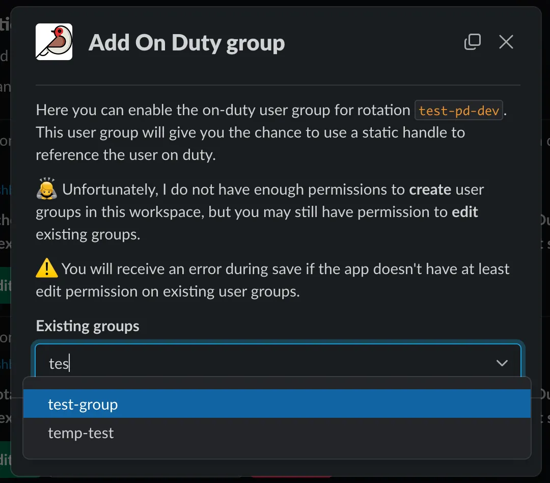 The Add On Duty group modal offering a list of existing groups when creation is not permitted