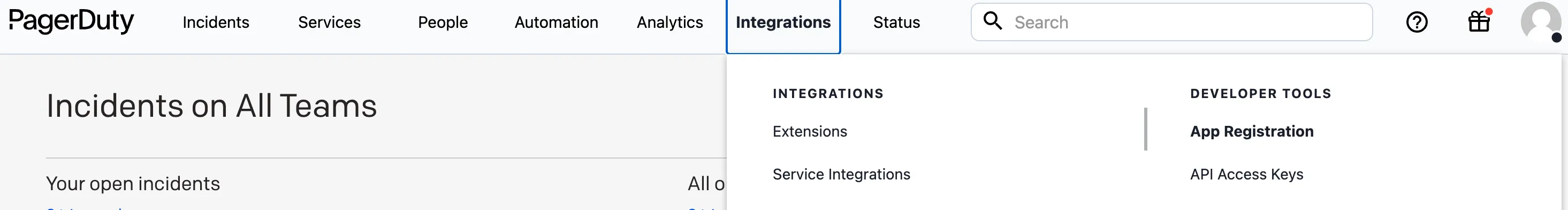 PagerDuty App Registration menu