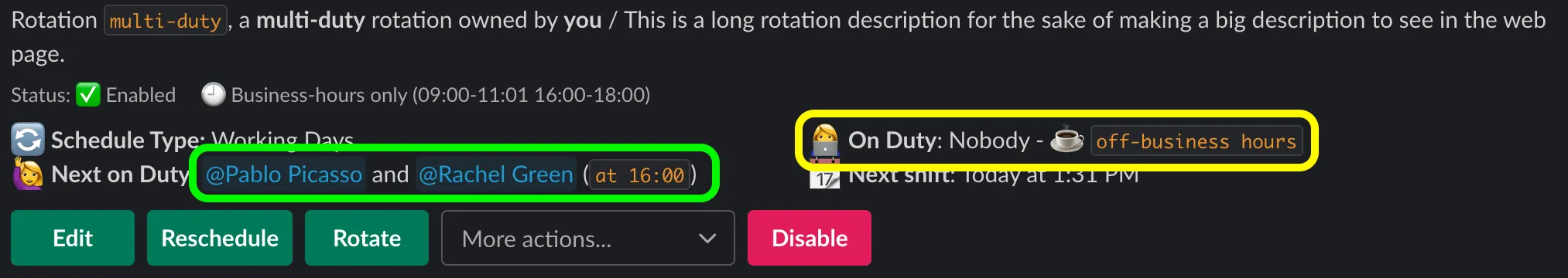 A rotation in Slack off-business hours, with On Duty showing Nobody and Next on Duty showing the users returning at 16