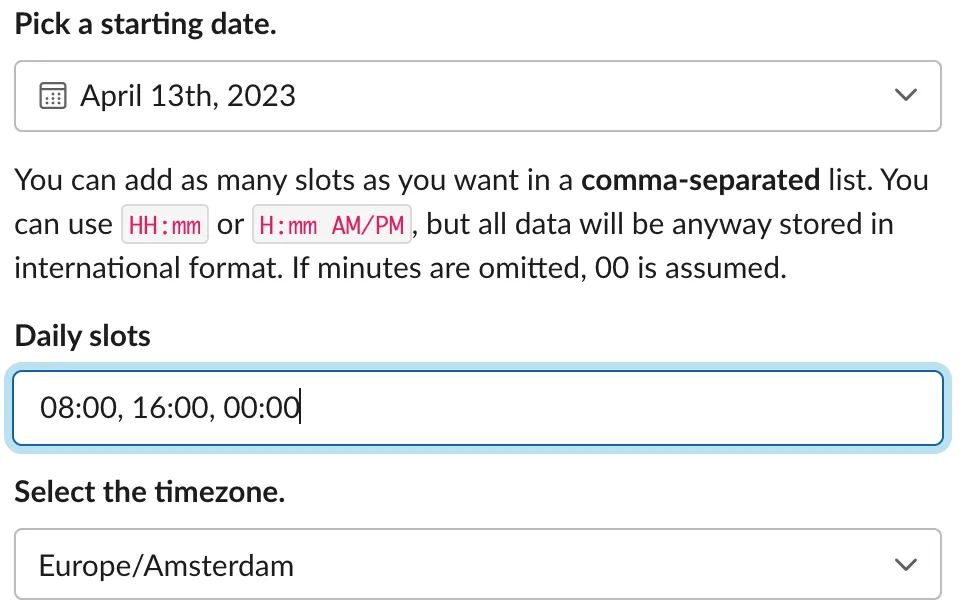 The daily schedule form in the Slack modal, with the daily slots field