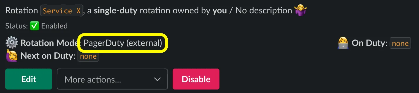 Slack rotation card showing Rotation Mode: PagerDuty (external)