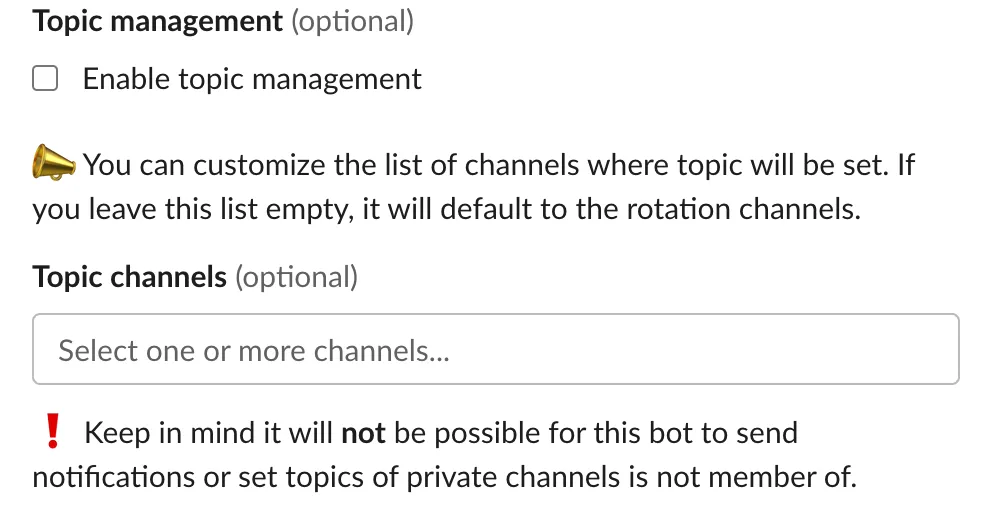 Topic management section of the Slack create/edit rotation window, with the Enable topic management checkbox and Topic channels selector