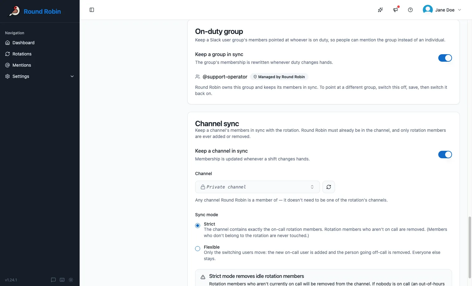 The On-duty group card on a rotation’s Messages &amp; Slack settings, showing a connected group managed by Round Robin