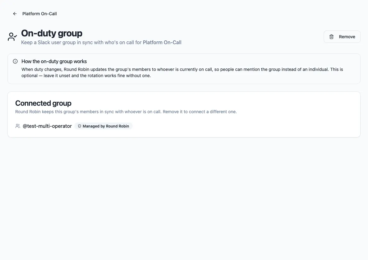 The rotation’s On-duty group page showing a connected group managed by Round Robin