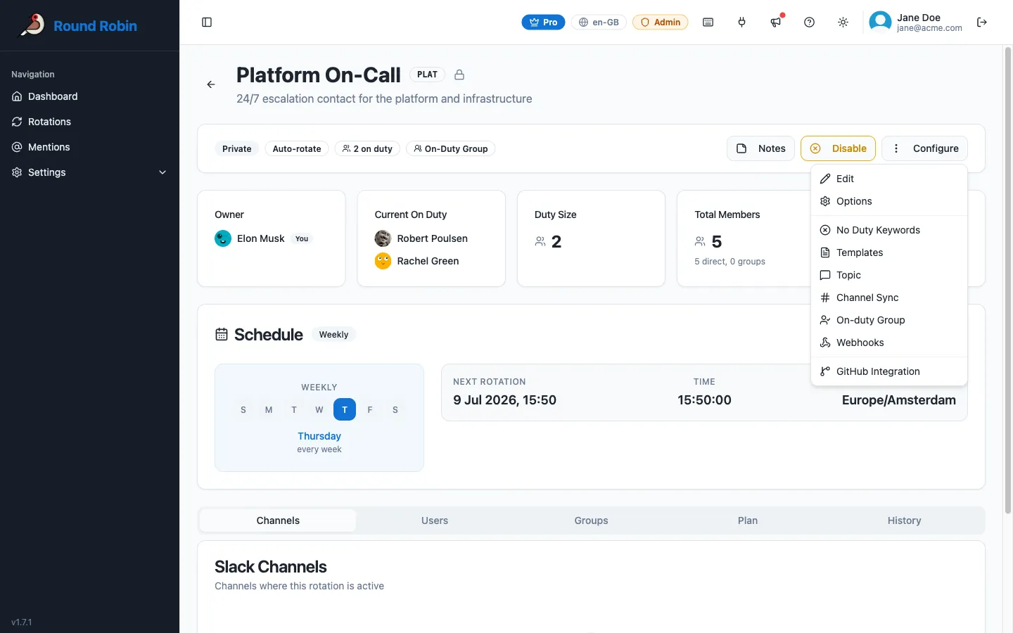 A rotation details page with the Configure menu open, showing the Templates entry among options such as Edit, Options, Topic, and Webhooks