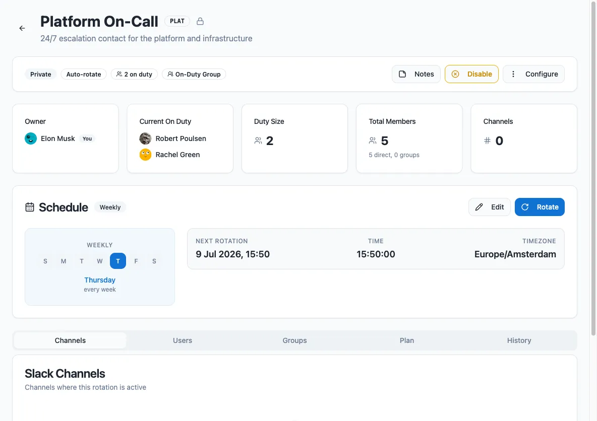 A rotation page in the dashboard, with the Schedule card showing a weekly cadence and an Edit button