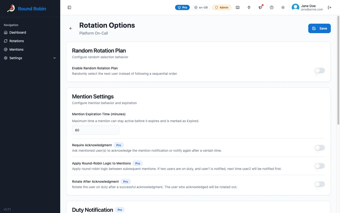 The Mention Settings section of the rotation Options page, showing expiration time, Require Acknowledgment, Apply Round-Robin Logic, and Rotate After Acknowledgment