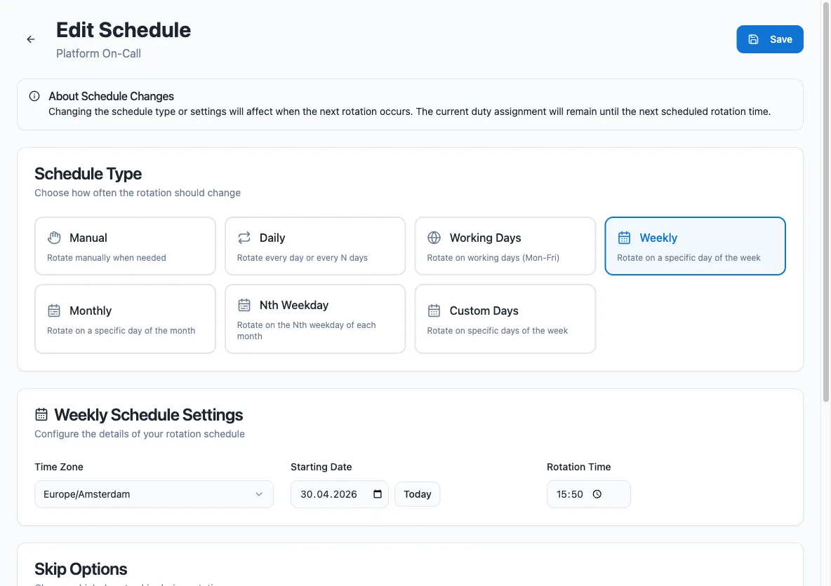The Edit Schedule page with all schedule types, weekly settings, and skip options