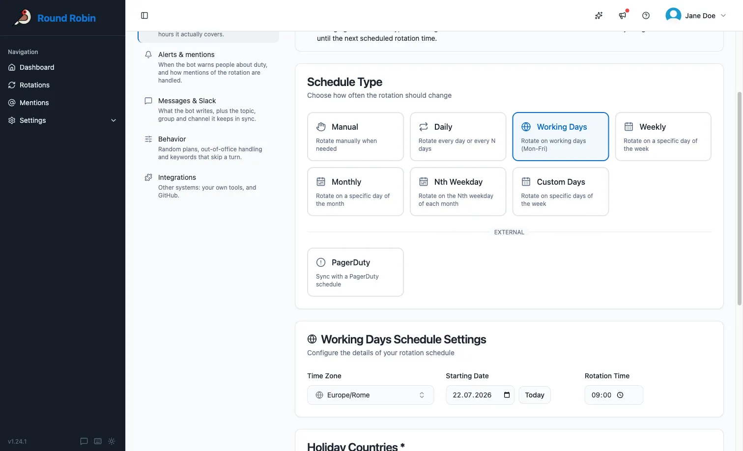 The Schedule & availability settings section, with every schedule type offered as a card and the settings for the selected one below