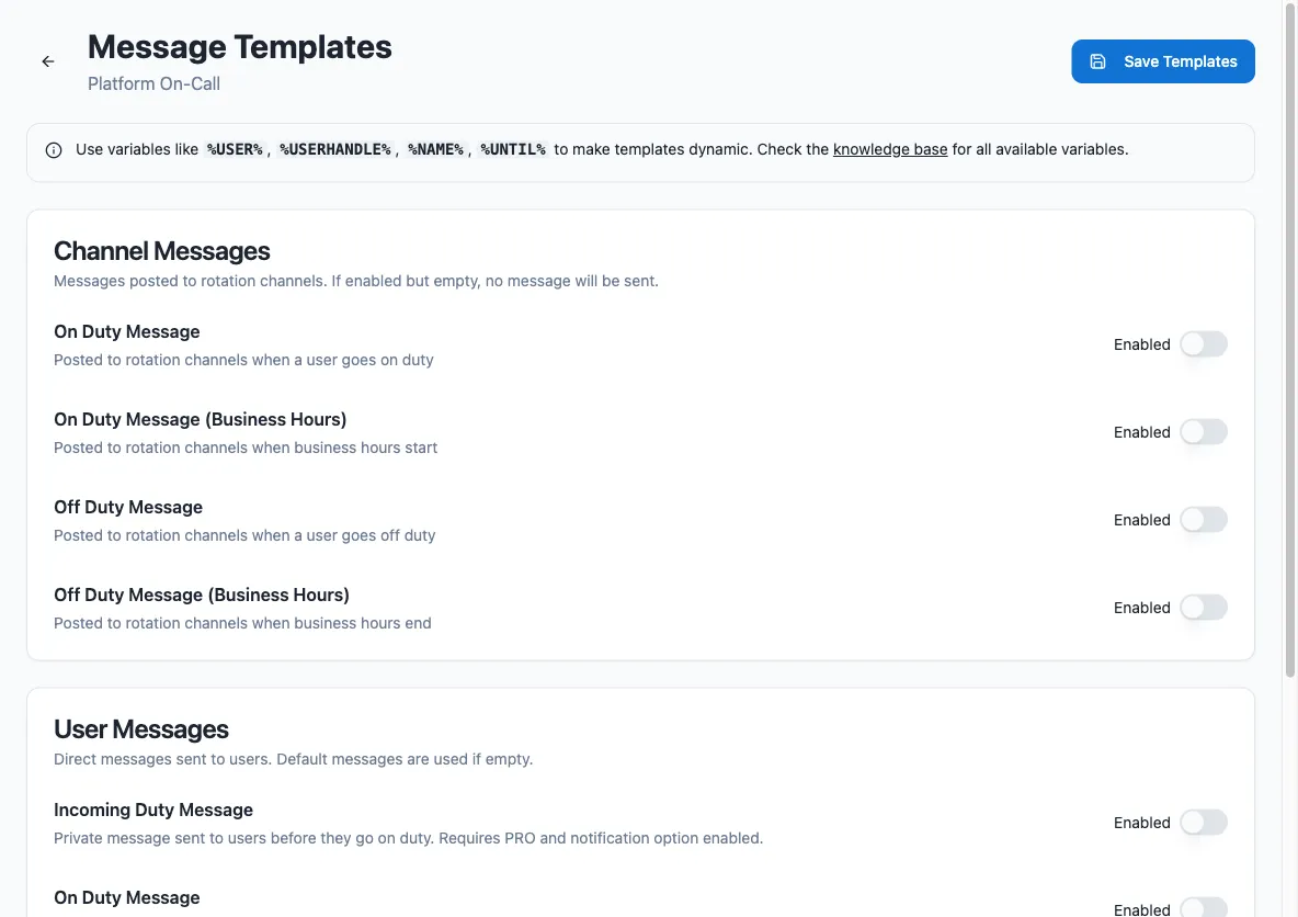 The rotation Templates page in the dashboard, with a message template editor and live preview