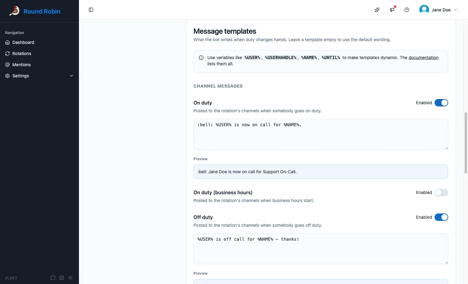 The Message templates card on a rotation’s Messages &amp; Slack settings, with a template written in the editor and the live preview underneath it