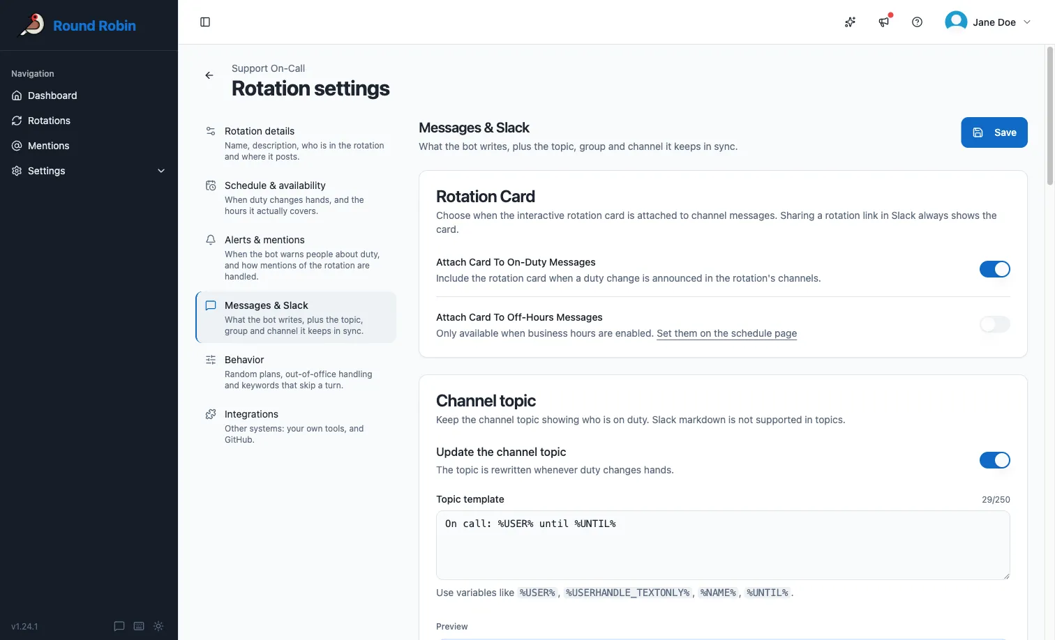 The Channel topic card on a rotation’s Messages &amp; Slack settings, with the topic switch turned on