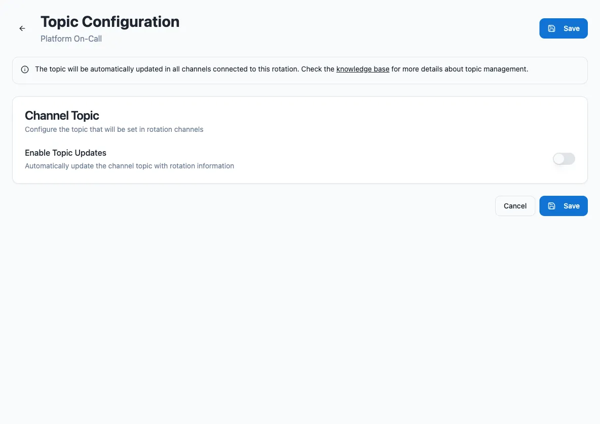 Topic Configuration page in the dashboard, with the Enable Topic Updates toggle in the Channel Topic card